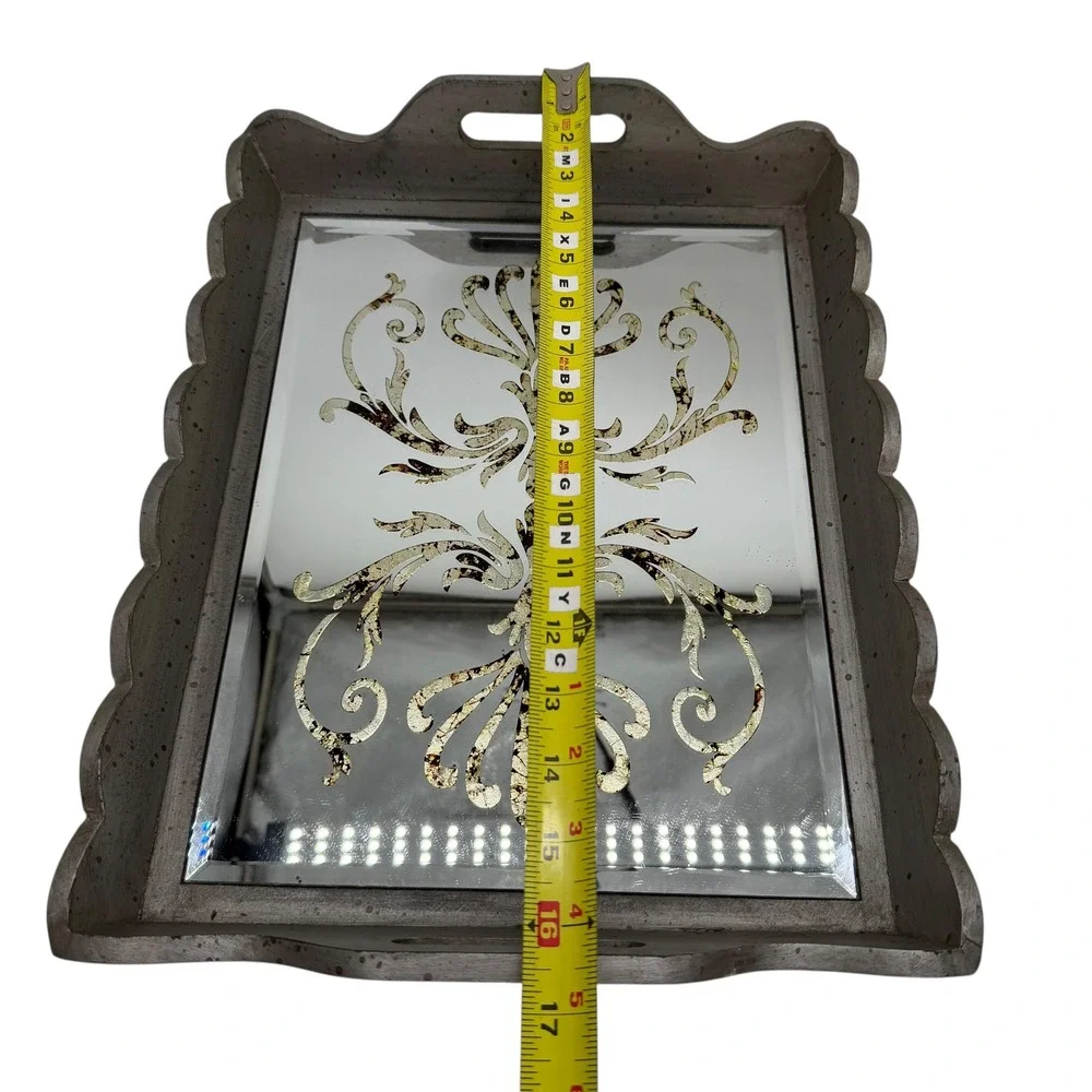 Decorative Mirrored Serving Tray Gray Wood Gold Scroll‎ Accent Handles